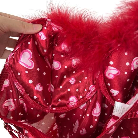 Red Satin Heart Print Feather Babydoll Nightie L Lovecore Pink Girly - Picture 6 of 7